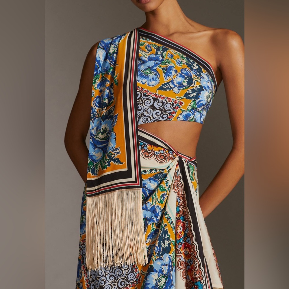 One-Shoulder Floral Scarf-Print Dress in Blue and Gold - Picture 2 of 11